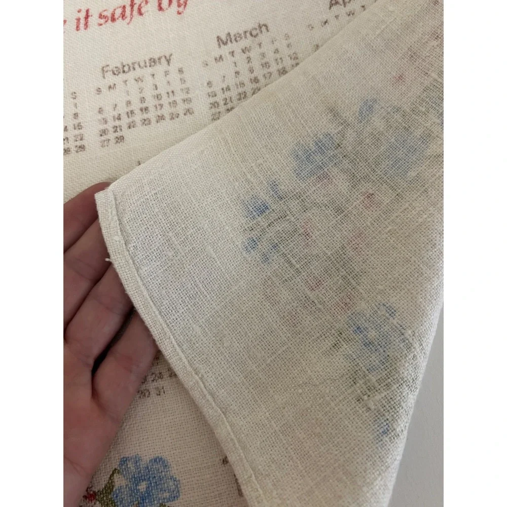 Vintage 183 Linen Calendar Tea Towel Floral Blue Red Mid Century Kitchen Decor